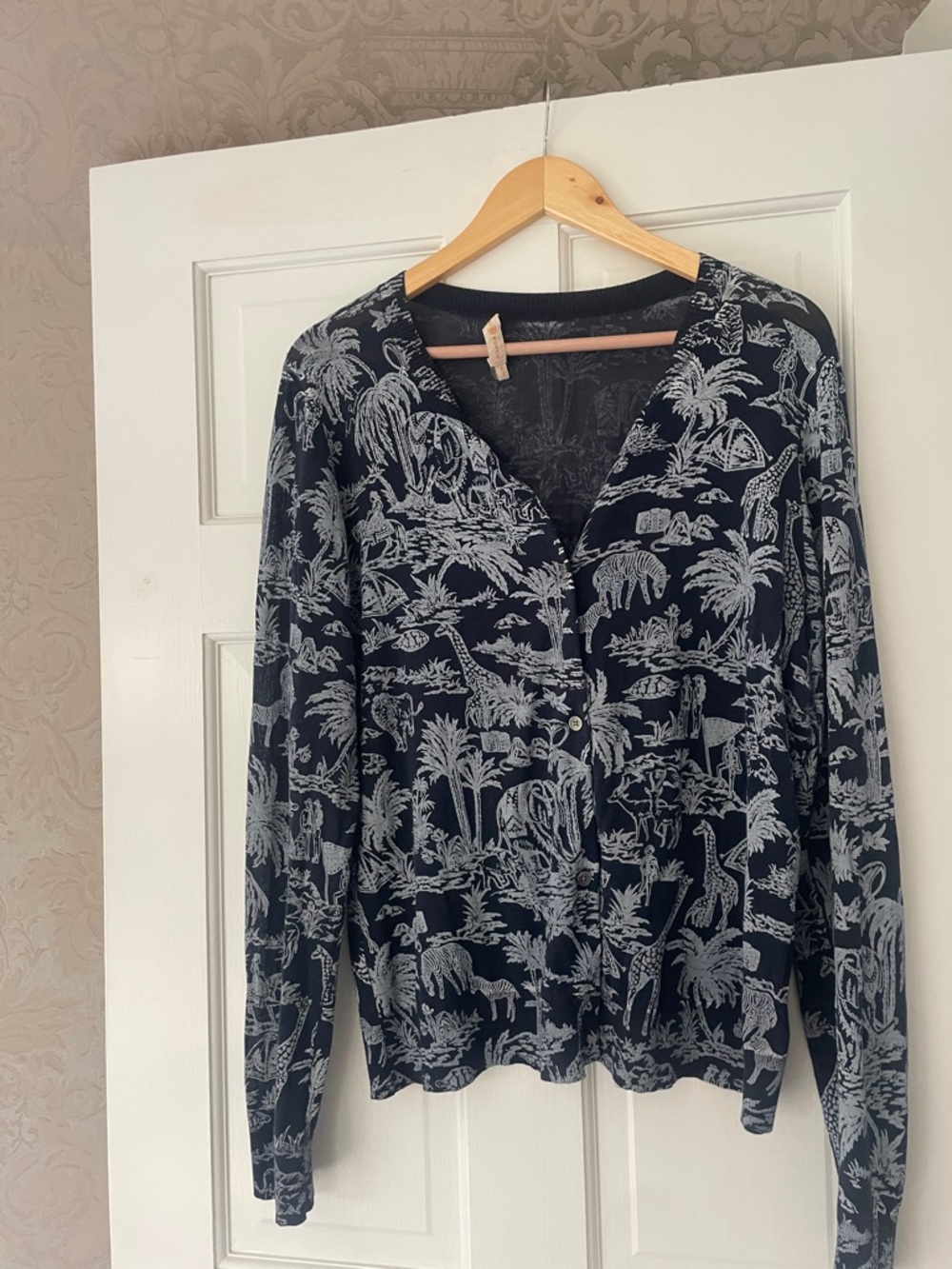 Navy Animal & Palm Print Button Cardigan Tory Burch XL Far and Away Sweater